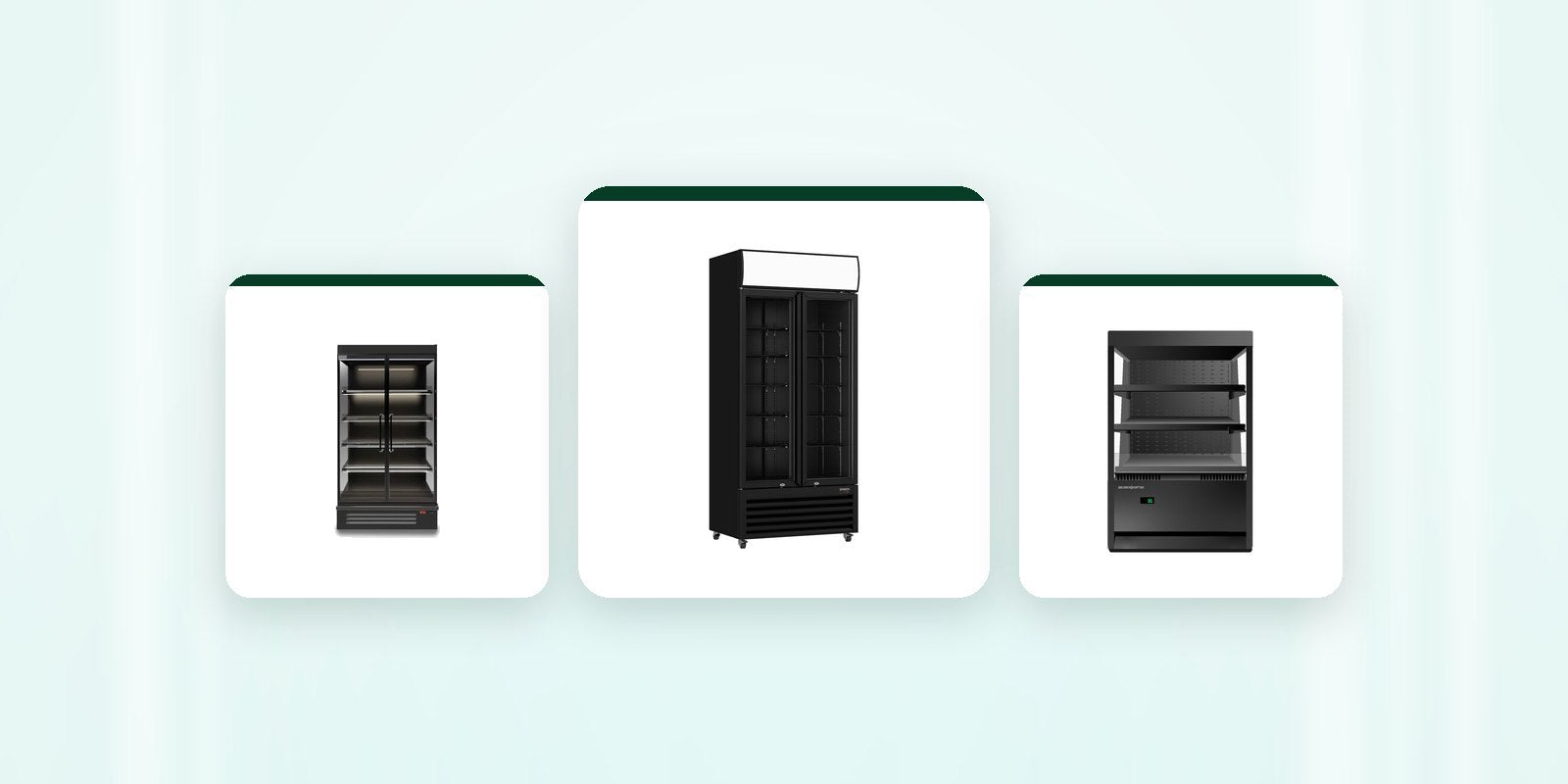 A Bromic multideck fridge with doors, a Thermaster two-door glass drinks fridge and a SKOPE open deck fridge on a frost background