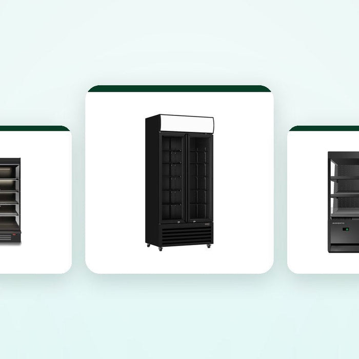 A Bromic multideck fridge with doors, a Thermaster two-door glass drinks fridge and a SKOPE open deck fridge on a frost background