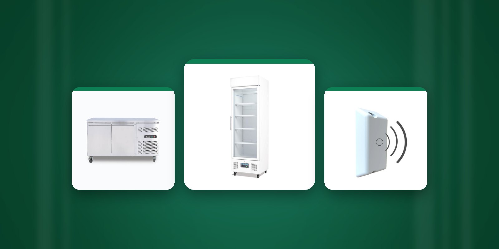 A Bromic stainless under bench fridge, a Polar glass door display fridge and a SKOPE Connect EYE temperature monitor on deep green