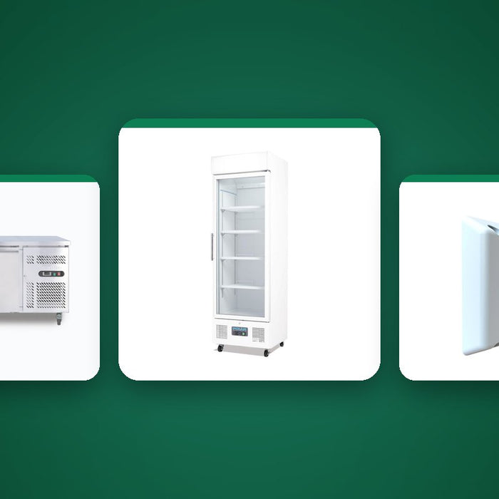 A Bromic stainless under bench fridge, a Polar glass door display fridge and a SKOPE Connect EYE temperature monitor on deep green