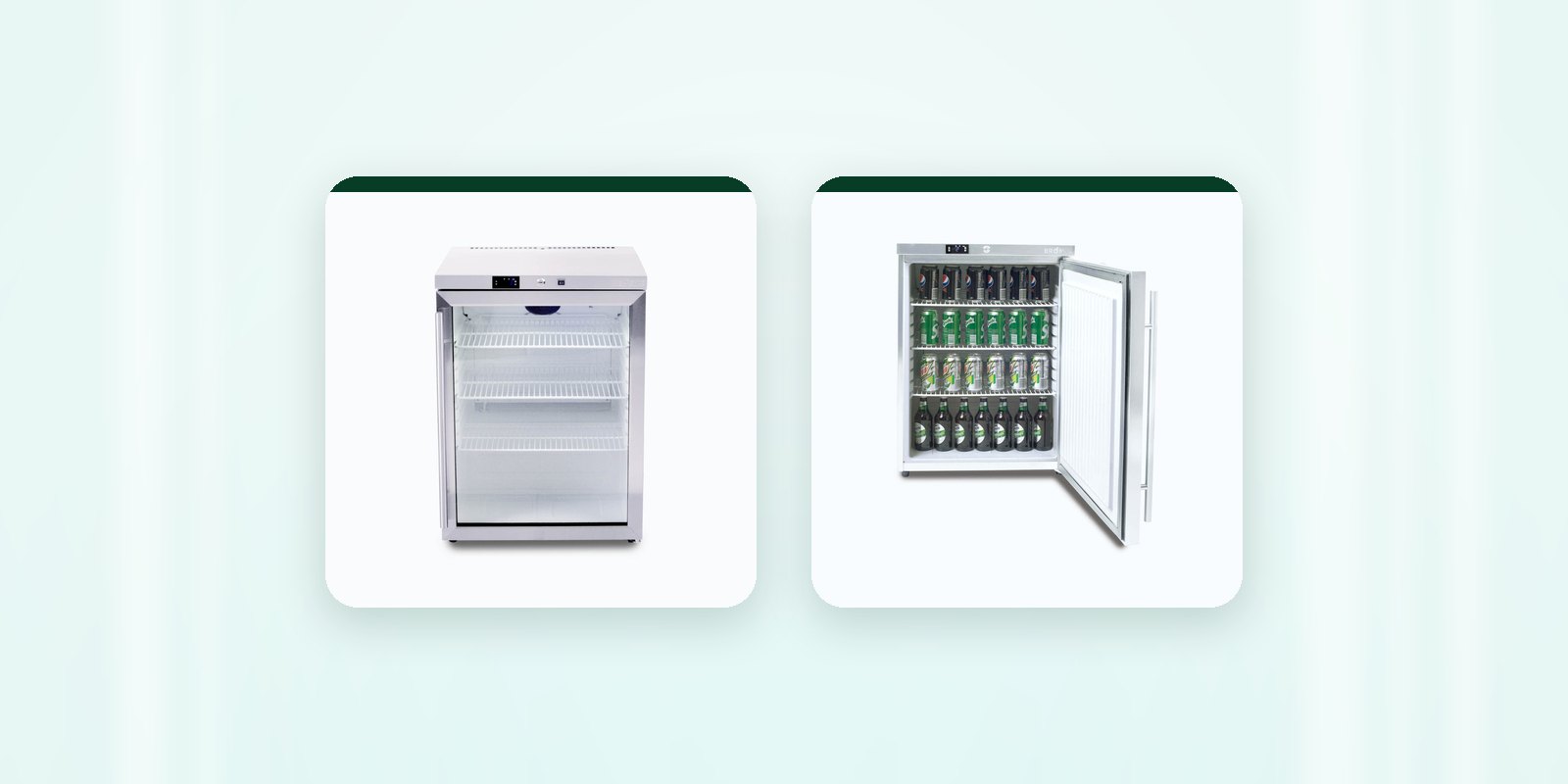 The Bromic 138 litre under bench fridge with a glass door beside its stainless steel solid door twin on a frost background