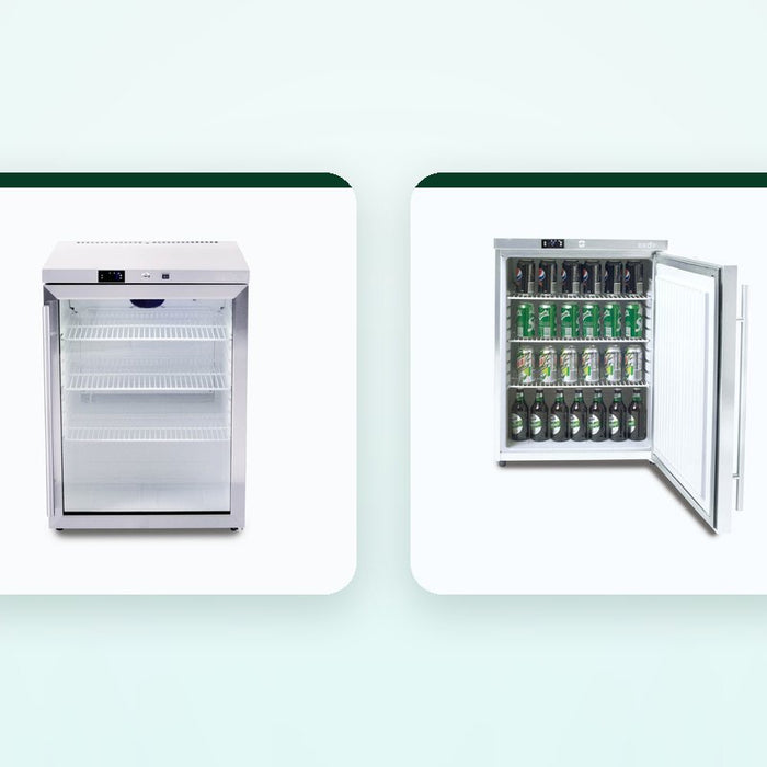 The Bromic 138 litre under bench fridge with a glass door beside its stainless steel solid door twin on a frost background