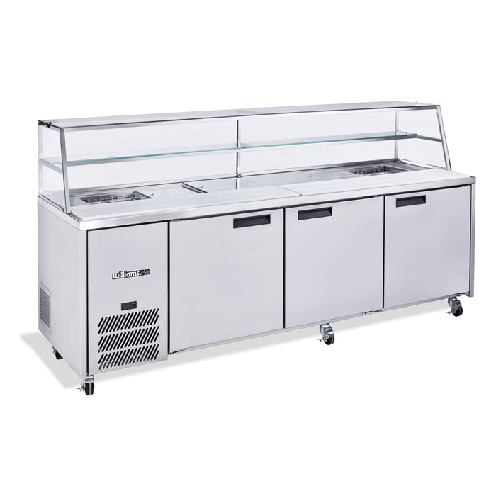 Williams Jade Sandwich - Three Door Stainless Steel Prep Counter Fridge With Blown Air Well and Canopy - HJ3SCBASS