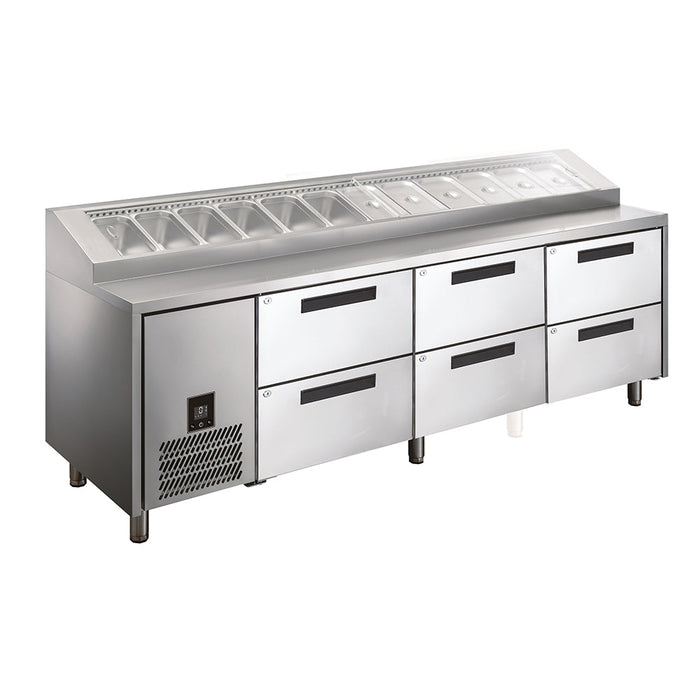 Glacian Pizza Prep Fridge with 6 Stainless Steel Drawers 656L - HPB2476DDD