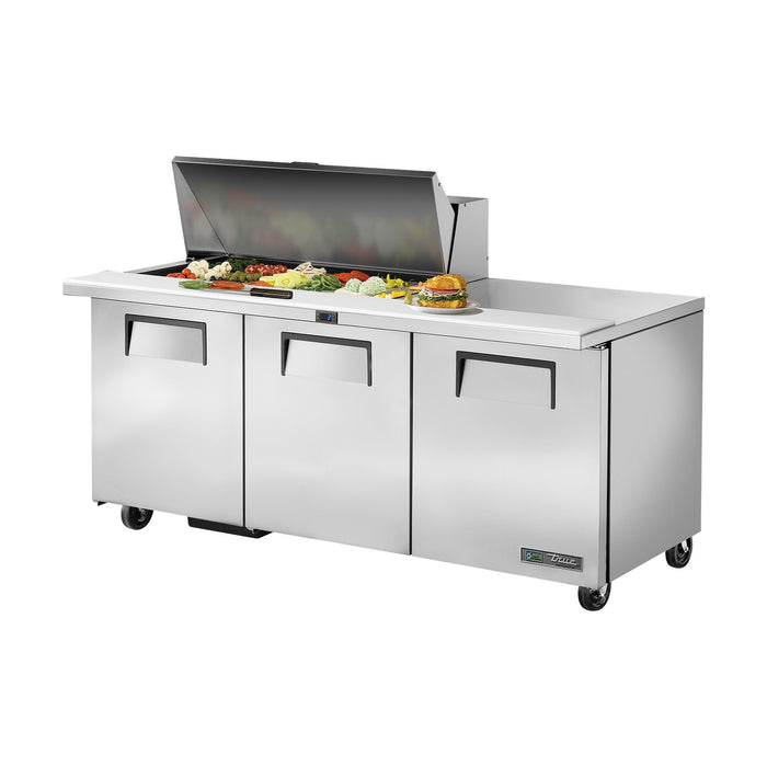 True Refrigeration Prep Table - 18x 1/6 Top Pans - 3 Solid Swing Doors - TSSU-72-18M-B-HC