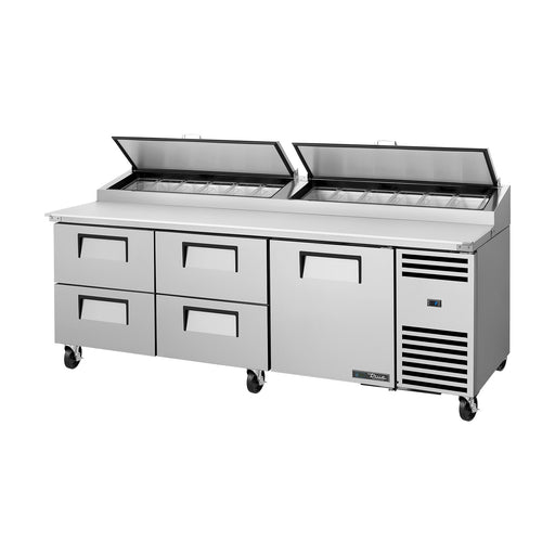 True Refrigeration Pizza Prep Table - 12x 1/3 Top Pans - 4 Drawers + 1 Solid Swing Door - TPP-AT2-93D-4-HC