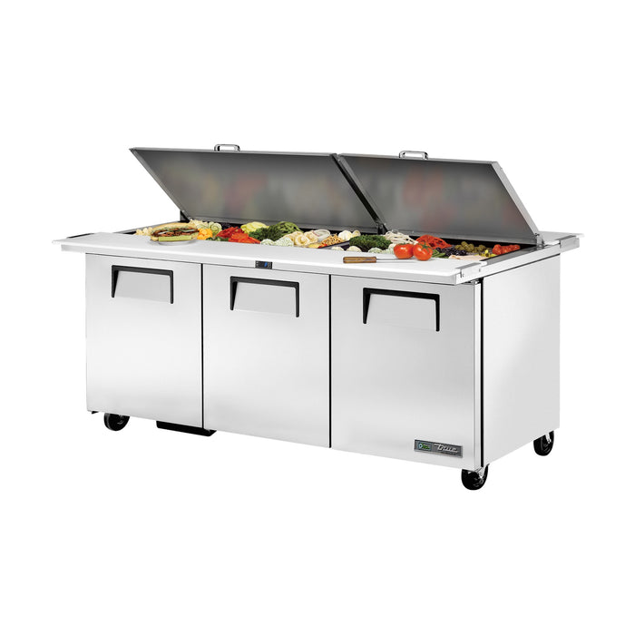 True Refrigeration "Dual-Sided"Prep Table - 30x 1/6 Top Pans - 3 Solid Swing Doors - TSSU-72-30M-B-DS-ST-HC