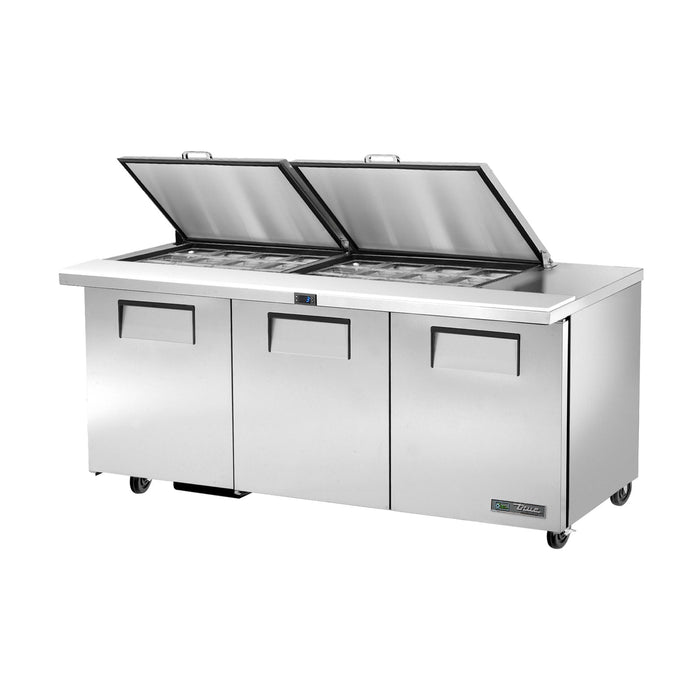 True Refrigeration Prep Table - 24x 1/6 Top Pans - 3 Solid Swing Doors - Removable lids - TSSU-72-24M-B-ST-HC FLID