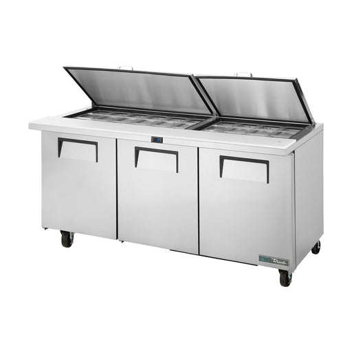 True Refrigeration Prep Table - 30x 1/6 Top Pans - 3 Solid Swing Doors - Removable lids - TSSU-72-30M-B-ST-HC FLID