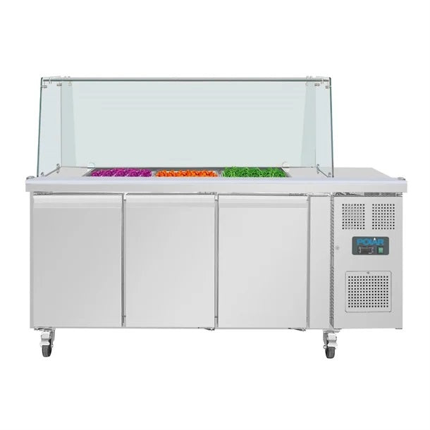 Polar U-Series GN Saladette Counter with Square Sneeze Guard 3 Door - UA018-A