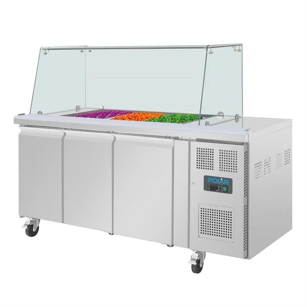 Polar U-Series GN Saladette Counter with Square Sneeze Guard 3 Door - UA018-A