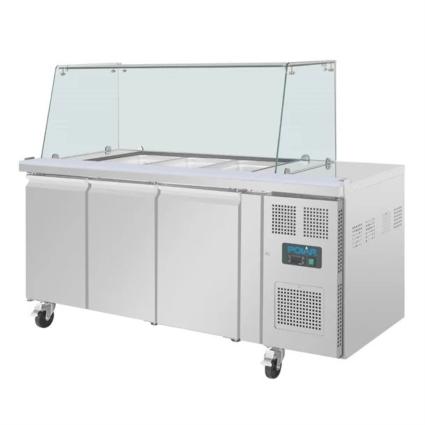 Polar U-Series GN Saladette Counter with Square Sneeze Guard 3 Door - UA018-A